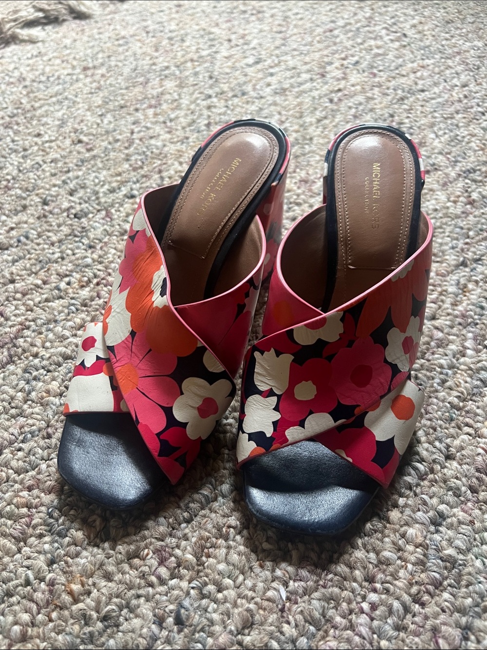 Michael Kors Pink Floral Crossband Slide block heel Sandals